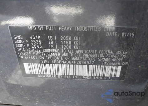 2015 Subaru Legacy 2.5I Premium from USA, damaged, VIN 4S3BNAD64F3046937